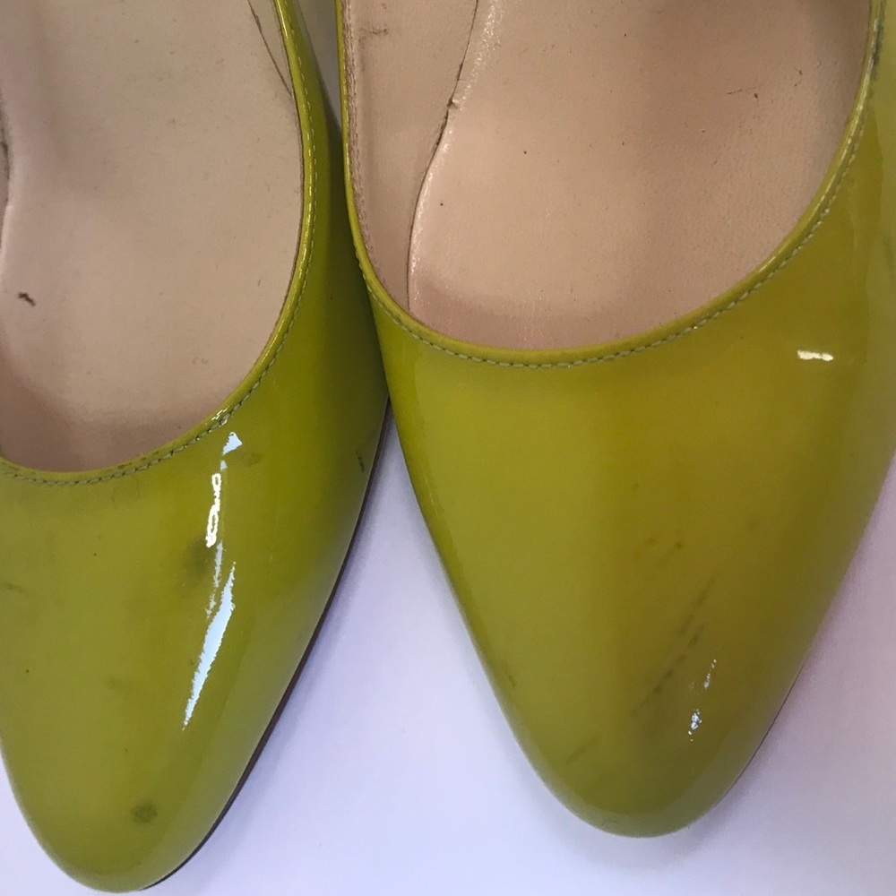 immy Choo Leather Patent Pumps Heels Shoes Almond Toe Chartreuse Green Slides - Picture 14 of 14